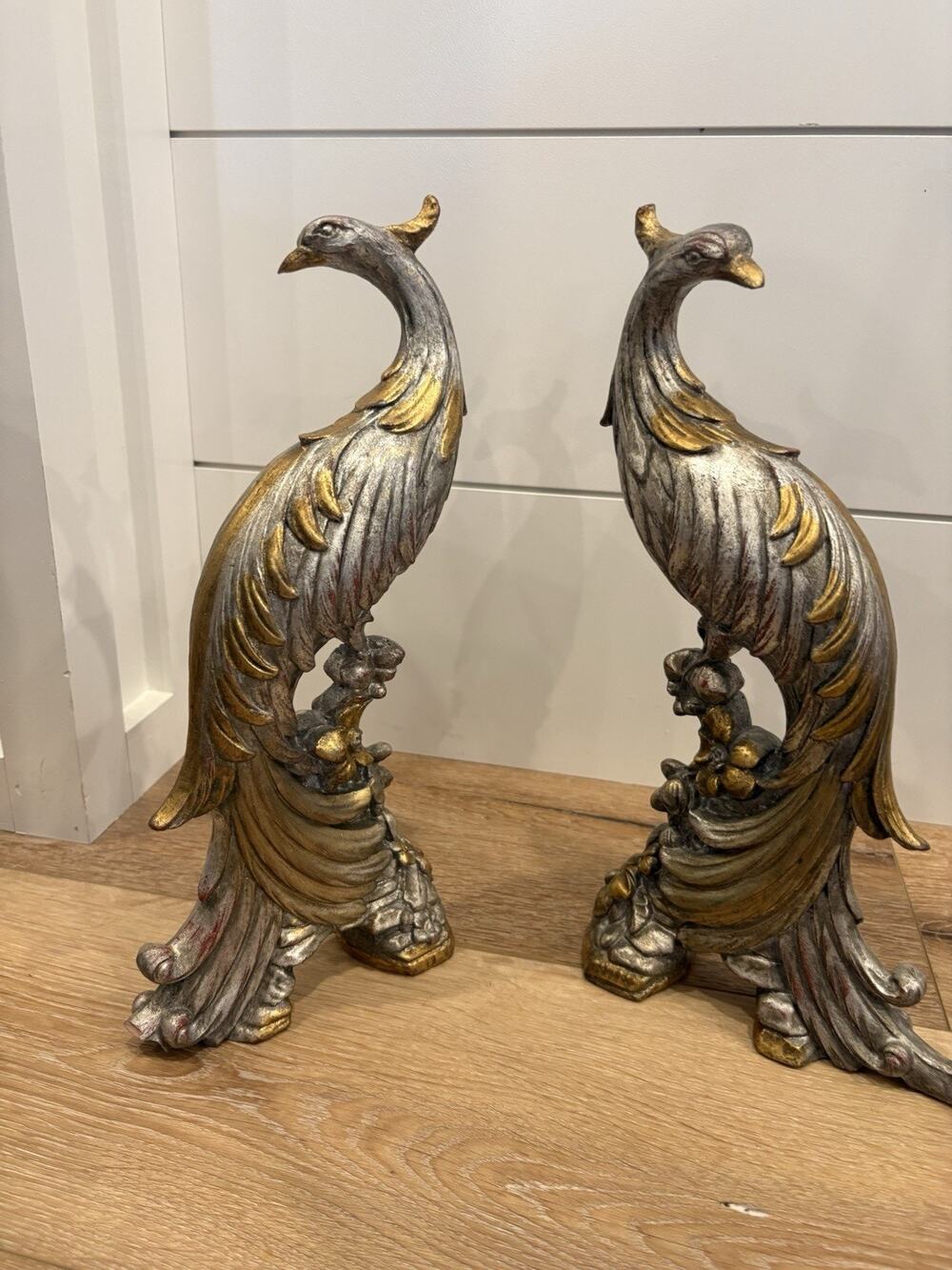 Vintage Mid-Century Syroco Gold&Silver Peacock Statues - Hollywood Regency -Pair